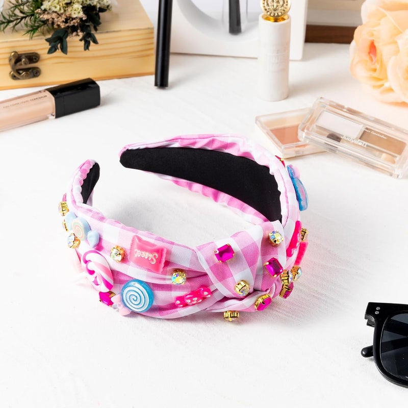 PANTIDE Candy Jeweled Knotted Headband - Christmas Sugar Lollipop Rhinestone Crystal Embellished Preppy Headband Wide Top Knot Hairband Hair Accessories Birthday Gift for Women Girls (Pink Plaid) - Image 4